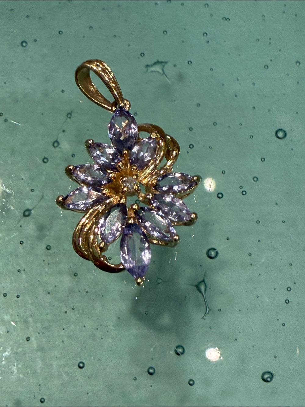 14K Yellow Gold Tanzanite Floral Pendant – Marquise Cut with Accent Diamond